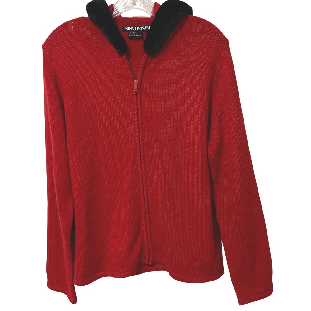 Vtg 90s Y2K‎ Zip Hooded Cardigan Faux Fur Old Money Quiet Luxury Cozy Festive